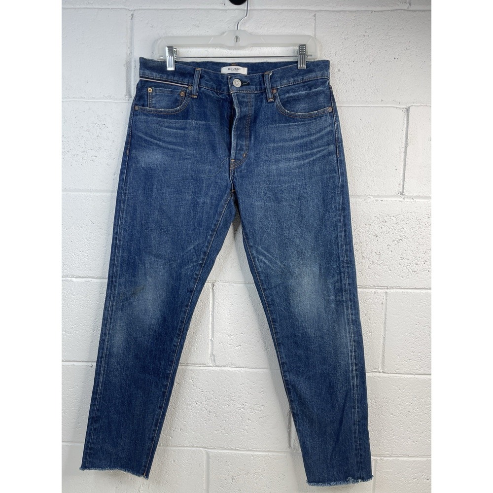 Moussy Vintage SAAB Straight Jeans Womens 32x28‎  Blue Button Raw Hem Japan EUC